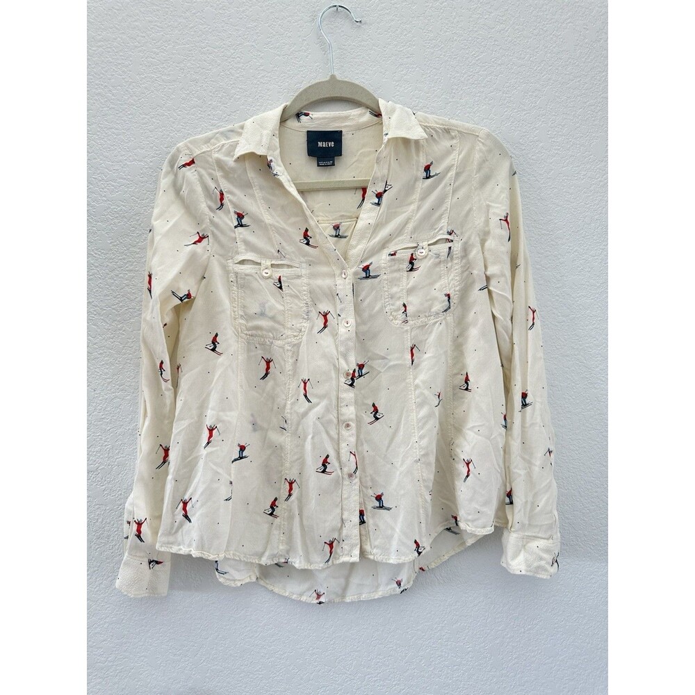 Maeve Anthropologie Ski Print Button Down Shirt Ivory Size 0 Skier Long Sleeve